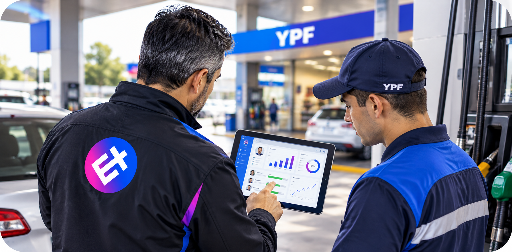 Entrenador de EvolucionateMás con el logo de la marca revisando indicadores con un playero en una estación YPF